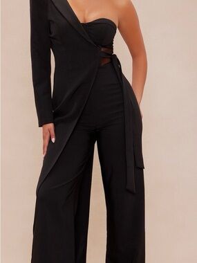One-Shoulder Black Jumpsuit with Wrap Detail